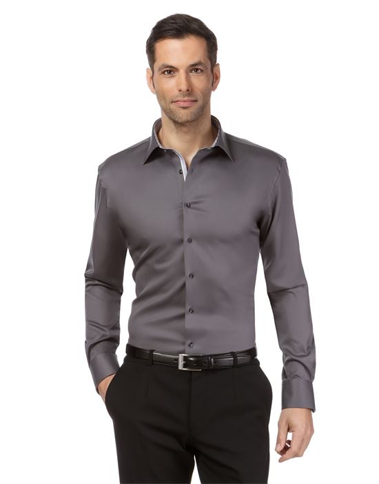 Shirt, slim-fit, uni, with contrasting trim - non-iron