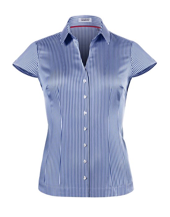 Blouse, modern-fit / slightly fitted, shirt collar , short sleeves, striped - easy-iron