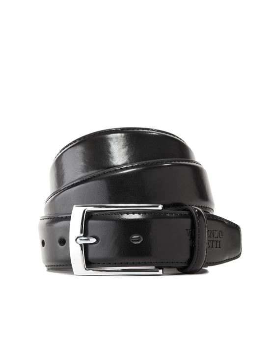Men's leather belt with silver pin buckle , shiny surface