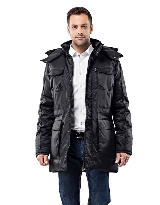 Winter coat with stand-up collar, detachable hood and drawstring at waist