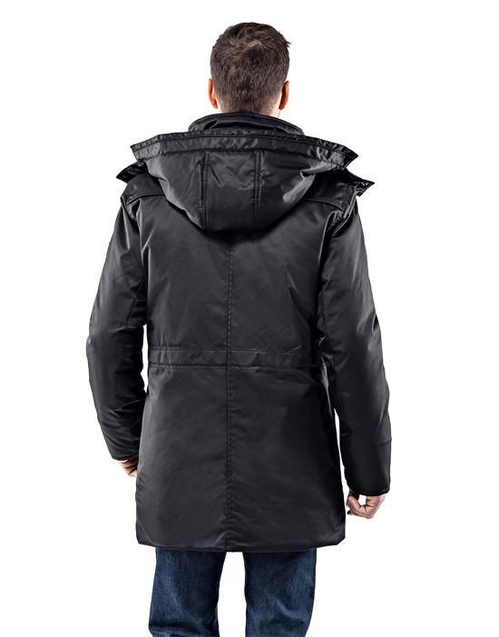 Winter coat with stand-up collar, detachable hood and drawstring at waist