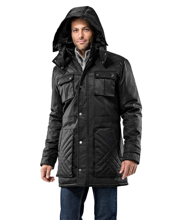 Winter coat, tone in tone quilted, with stand- up collar, detachable hood and drawstring at waist