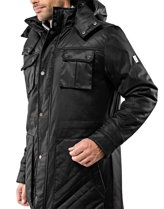 Winter coat, tone in tone quilted, with stand- up collar, detachable hood and drawstring at waist