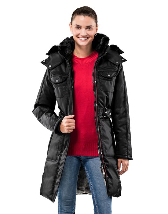 Winter coat, stand-up collar with detachable fake fur, detachable hood, waist belt