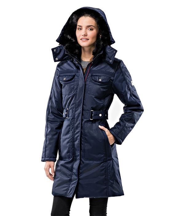 Winter coat, stand-up collar with detachable fake fur, detachable hood, waist belt